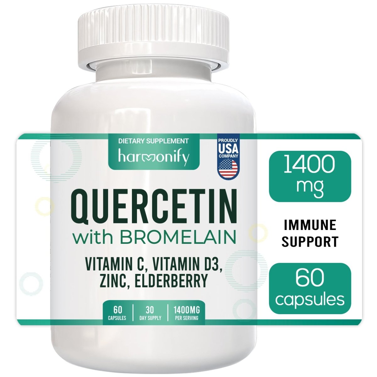 HARMONIFY Quercetin with Bromelain, 18 in 1 Supplements Zinc Elderberry Vitamin C & D 5000 IU, Artemisinin, Irish Sea Moss, Echinacea, Garlic, Turmeric, Reishi, Ginger Powder, 1400 mg - HARMONIFY - HARMONIFY Quercetin with Bromelain, 18 in 1 Supplements Zinc Elderberry Vitamin C & D 5000 IU, Artemisinin, Irish Sea Moss, Echinacea, Garlic, Turmeric, Reishi, Ginger Powder, 1400 mg - 028 - HRF - QuercetinComplex - HARMONIFY - Supplement - 850056258647